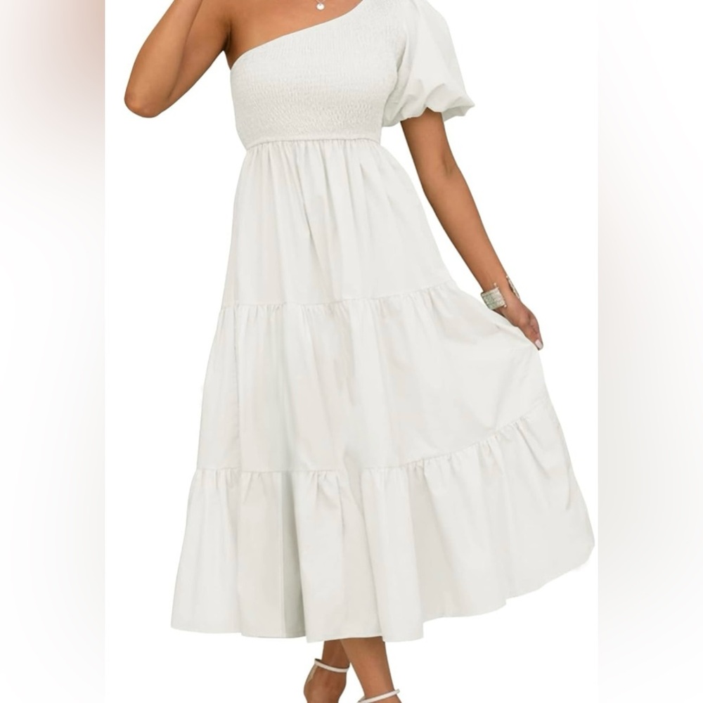 Elegant White One-Shoulder M Midi Dress w/pockets Smocked top Ruffle Boho Summer